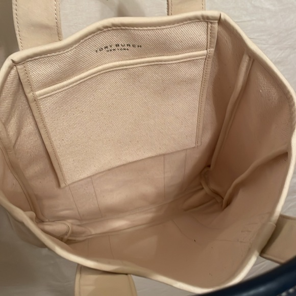 Tory Burch Mercer St. Canvas Tote Bag in Cream Navy Leather Straps - Picture 8 of 8